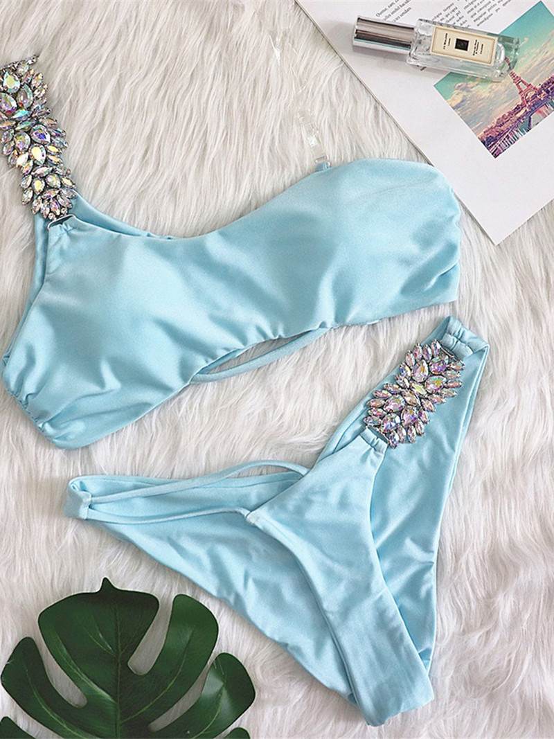 Shiny Diamond Asymmetric Scrunch Butt Bikini Női fürdőruha Női fürdőruha Kétrészes bikini szett fürdőruha Swim V3105
