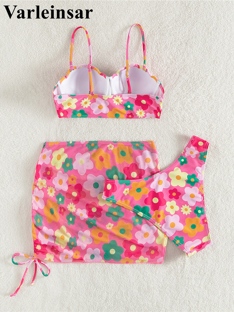 Cvjetni bikini Push up kupaći kostim Ženski kupaći kostim Ženski trodijelni bikini set sa suknjom i grudnjakom Kupaći kostim za plivanje V4303