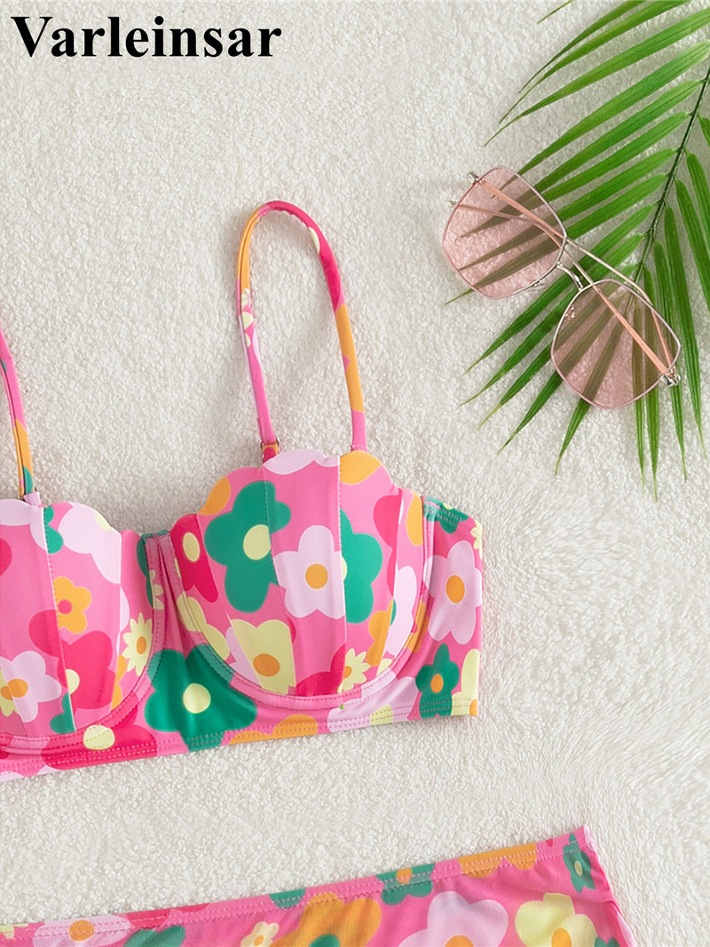Cvjetni bikini Push up kupaći kostim Ženski kupaći kostim Ženski trodijelni bikini set sa suknjom i grudnjakom Kupaći kostim za plivanje V4303