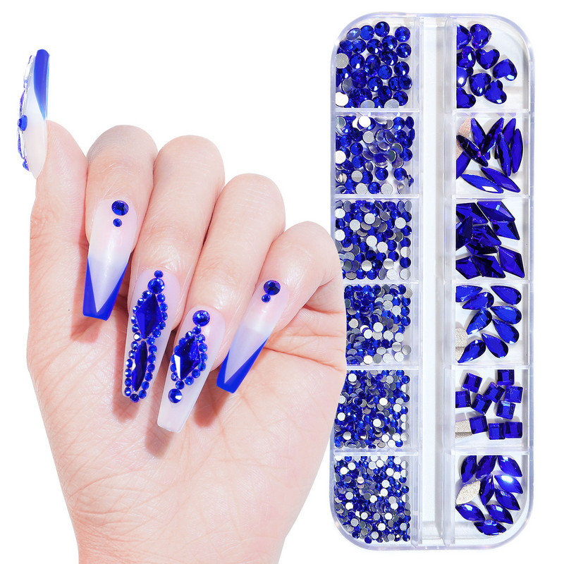 1 Kutija Više veličina Plavi ukrasi za nokte sa vještačkim dijamantima Safirni kristali Nails Art Dijamantni dragulji Bez hitnih popravka FlatBack Strass Accessoires