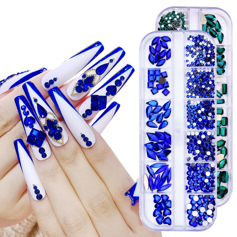 1 Kutija Više veličina Plavi ukrasi za nokte sa vještačkim dijamantima Safirni kristali Nails Art Dijamantni dragulji Bez hitnih popravka FlatBack Strass Accessoires
