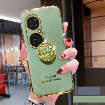 Силиконов калъф Bling Diamond Finger Ring Plating за Huawei P50 Pro Coque Stand държач за телефон Мек TPU капак