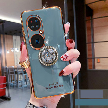 Силиконов калъф Bling Diamond Finger Ring Plating за Huawei P50 Pro Coque Stand държач за телефон Мек TPU капак