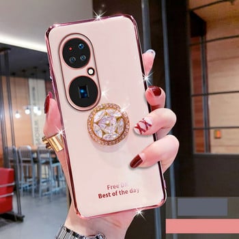 Силиконов калъф Bling Diamond Finger Ring Plating за Huawei P50 Pro Coque Stand държач за телефон Мек TPU капак