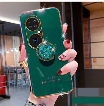 Силиконов калъф Bling Diamond Finger Ring Plating за Huawei P50 Pro Coque Stand държач за телефон Мек TPU капак