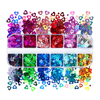 3D Szívek Holo köröm flitter szett körömdíszítéshez csillogó vegyes méretű lézeres szerelem csillogó pelyhek DIY körömdíszítés kellékek
