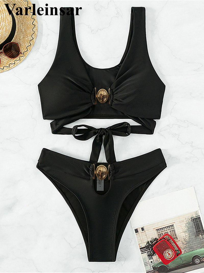 Bikini srednjeg struka s metalnim prstenom s V izrezom Ženski kupaći kostim Ženski kupaći kostim Dvodijelni bikini set Podstavljeni kupaći kostim za plivanje V4298