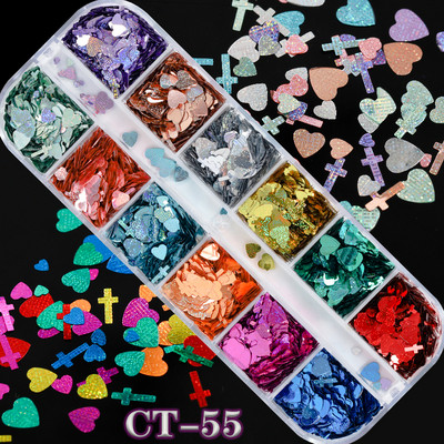 12 rešetki/kutije Mješavine boja Veličine Okruglo srce Križ Holografska zrnata tekstura Šljokice Nokti Šljokice Paillette Naljepnice za kriške Nail Art