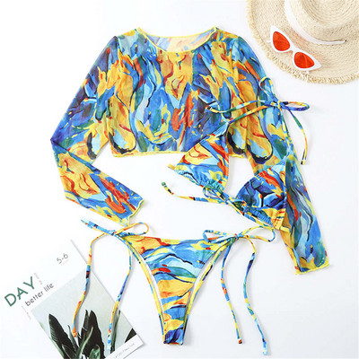 S-XL 2022 Novi bikini ženski kupaći kostim s leopardom Ženski kupaći kostim Trodijelni komplet bikinija s dugim rukavima Kupaći kostim za kupanje V3193L