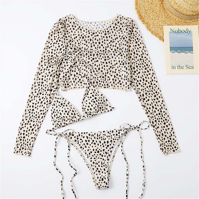 S-XL 2022 Novi bikini ženski kupaći kostim s leopardom Ženski kupaći kostim Trodijelni komplet bikinija s dugim rukavima Kupaći kostim za kupanje V3193L