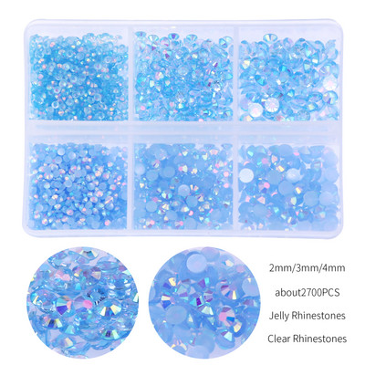 Aproximativ 2700 buc/cutie AB Jeleu/Kit cu strasuri transparente 2/3/4mm Flatback Rășină Cristal Sclipici Piatră Strass DIY 3D Nail Art Decoration
