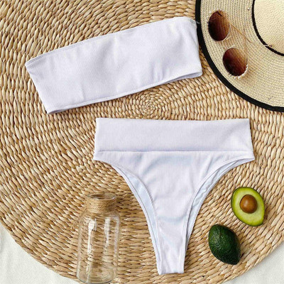 Szexi bordázott pánt nélküli, magas derekú bikini női fürdőruha Női fürdőruha Kétrészes bikini szett Bandeau fürdőruha V2331B