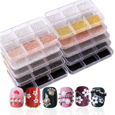 FlorVida Nail Art Мъниста от неръждаема стомана за дизайн на нокти Смесени размери Златна черна топка Страз AB 6 решетки Кутия Акрилен комплект