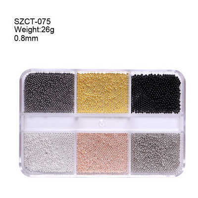 FlorVida Nail Art Rozsdamentes acél gyöngyök körmökhöz Design Mix Méretek Golden Black Ball Rhinestone AB 6 rácsos doboz akril készlet