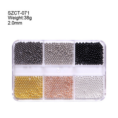 FlorVida Nail Art Rozsdamentes acél gyöngyök körmökhöz Design Mix Méretek Golden Black Ball Rhinestone AB 6 rácsos doboz akril készlet