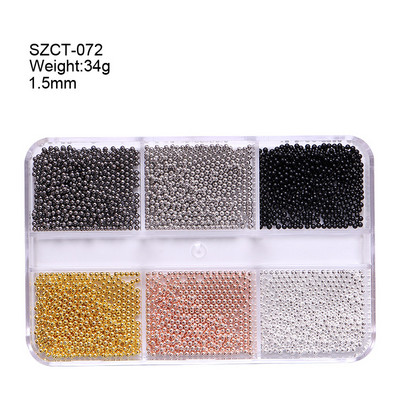 FlorVida Nail Art Rozsdamentes acél gyöngyök körmökhöz Design Mix Méretek Golden Black Ball Rhinestone AB 6 rácsos doboz akril készlet
