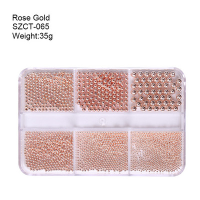 FlorVida Nail Art Rozsdamentes acél gyöngyök körmökhöz Design Mix Méretek Golden Black Ball Rhinestone AB 6 rácsos doboz akril készlet