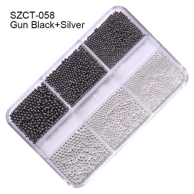 FlorVida Nail Art Rozsdamentes acél gyöngyök körmökhöz Design Mix Méretek Golden Black Ball Rhinestone AB 6 rácsos doboz akril készlet