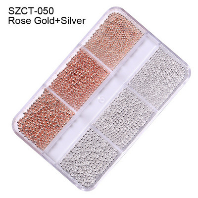 FlorVida Nail Art Rozsdamentes acél gyöngyök körmökhöz Design Mix Méretek Golden Black Ball Rhinestone AB 6 rácsos doboz akril készlet