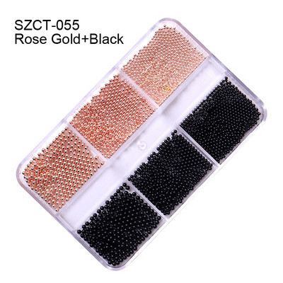 FlorVida Nail Art Rozsdamentes acél gyöngyök körmökhöz Design Mix Méretek Golden Black Ball Rhinestone AB 6 rácsos doboz akril készlet