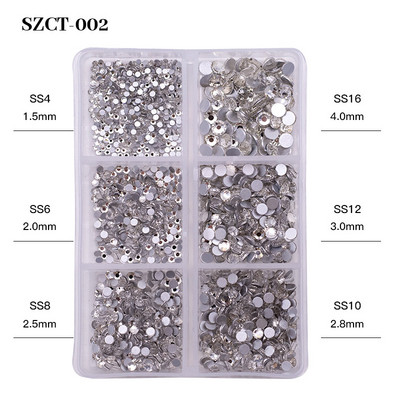 FlorVida Nail Art Rozsdamentes acél gyöngyök körmökhöz Design Mix Méretek Golden Black Ball Rhinestone AB 6 rácsos doboz akril készlet