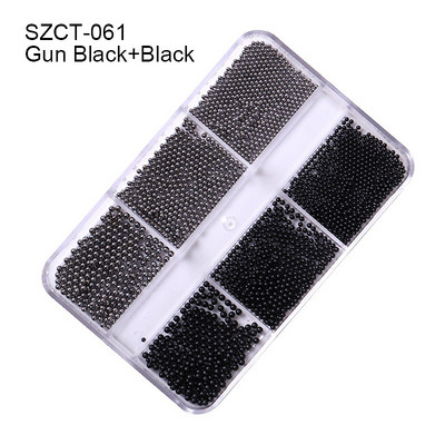 FlorVida Nail Art Rozsdamentes acél gyöngyök körmökhöz Design Mix Méretek Golden Black Ball Rhinestone AB 6 rácsos doboz akril készlet