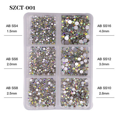 FlorVida Nail Art Rozsdamentes acél gyöngyök körmökhöz Design Mix Méretek Golden Black Ball Rhinestone AB 6 rácsos doboz akril készlet