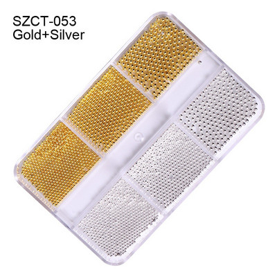 FlorVida Nail Art Rozsdamentes acél gyöngyök körmökhöz Design Mix Méretek Golden Black Ball Rhinestone AB 6 rácsos doboz akril készlet