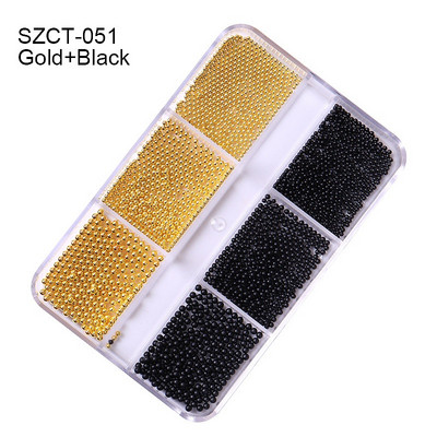 FlorVida Nail Art Rozsdamentes acél gyöngyök körmökhöz Design Mix Méretek Golden Black Ball Rhinestone AB 6 rácsos doboz akril készlet