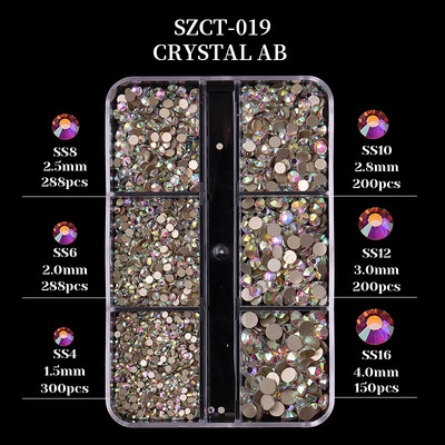 FlorVida Nail Art Rozsdamentes acél gyöngyök körmökhöz Design Mix Méretek Golden Black Ball Rhinestone AB 6 rácsos doboz akril készlet