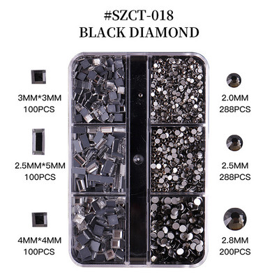 FlorVida Nail Art Rozsdamentes acél gyöngyök körmökhöz Design Mix Méretek Golden Black Ball Rhinestone AB 6 rácsos doboz akril készlet