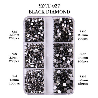 FlorVida Nail Art Rozsdamentes acél gyöngyök körmökhöz Design Mix Méretek Golden Black Ball Rhinestone AB 6 rácsos doboz akril készlet