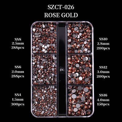 FlorVida Nail Art Rozsdamentes acél gyöngyök körmökhöz Design Mix Méretek Golden Black Ball Rhinestone AB 6 rácsos doboz akril készlet