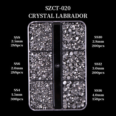 FlorVida Nail Art Rozsdamentes acél gyöngyök körmökhöz Design Mix Méretek Golden Black Ball Rhinestone AB 6 rácsos doboz akril készlet