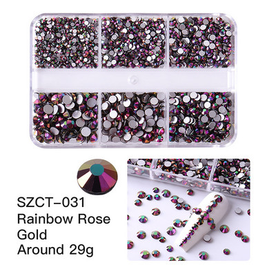 FlorVida Nail Art Rozsdamentes acél gyöngyök körmökhöz Design Mix Méretek Golden Black Ball Rhinestone AB 6 rácsos doboz akril készlet