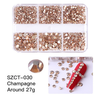 FlorVida Nail Art Rozsdamentes acél gyöngyök körmökhöz Design Mix Méretek Golden Black Ball Rhinestone AB 6 rácsos doboz akril készlet