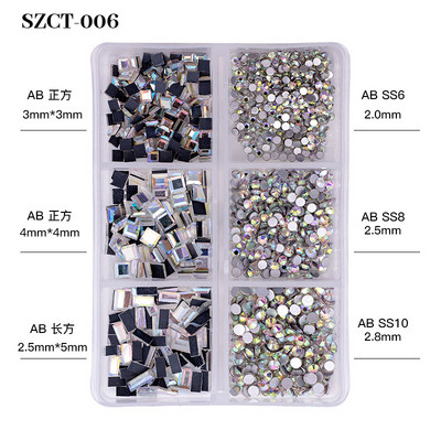 FlorVida Nail Art Rozsdamentes acél gyöngyök körmökhöz Design Mix Méretek Golden Black Ball Rhinestone AB 6 rácsos doboz akril készlet