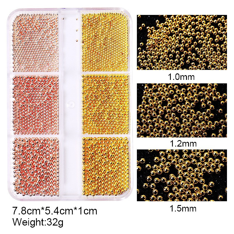FlorVida Nail Art Rozsdamentes acél gyöngyök körmökhöz Design Mix Méretek Golden Black Ball Rhinestone AB 6 rácsos doboz akril készlet