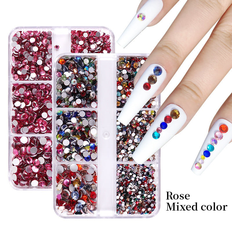 FlorVida Nail Art Rozsdamentes acél gyöngyök körmökhöz Design Mix Méretek Golden Black Ball Rhinestone AB 6 rácsos doboz akril készlet
