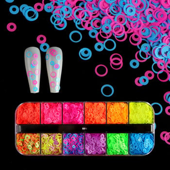 Направи си сам Неонов издълбан кръг Пайети за ноктопластика 12 решетки Флуоресцентни блестящи люспи за ноктопластика 3D аксесоари за ноктопластика Декор за маникюр