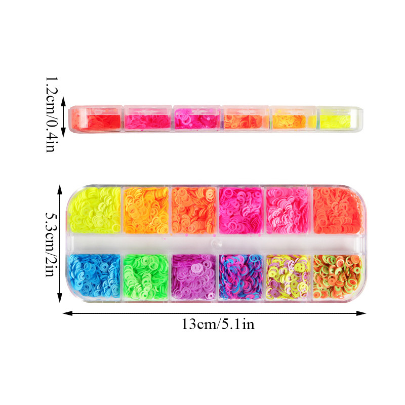 DIY Neon Hollow Out Kör körömdíszítő flitterek 12 rács Fluoreszcens körömdíszítés Csillogó Pehely 3D Nail Art Kiegészítők Manikűr dekoráció