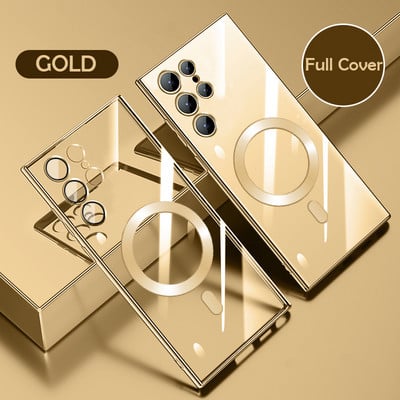 Põrutuskindel Magsafe'i magnetilise juhtmevaba laadimisümbrise jaoks Samsung S23 S22 Ultra S21 Plus läbipaistva läätseklaasi kate jaoks