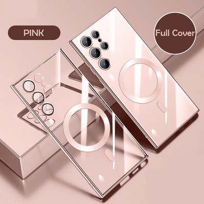 Põrutuskindel Magsafe'i magnetilise juhtmevaba laadimisümbrise jaoks Samsung S23 S22 Ultra S21 Plus läbipaistva läätseklaasi kate jaoks