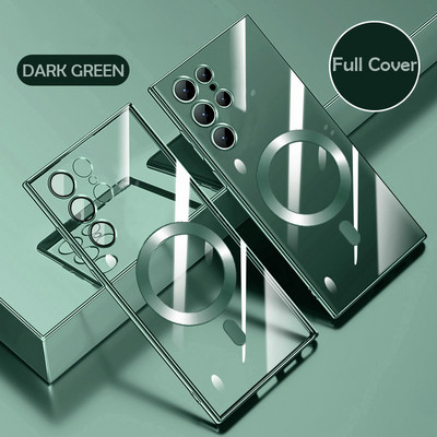 Põrutuskindel Magsafe'i magnetilise juhtmevaba laadimisümbrise jaoks Samsung S23 S22 Ultra S21 Plus läbipaistva läätseklaasi kate jaoks