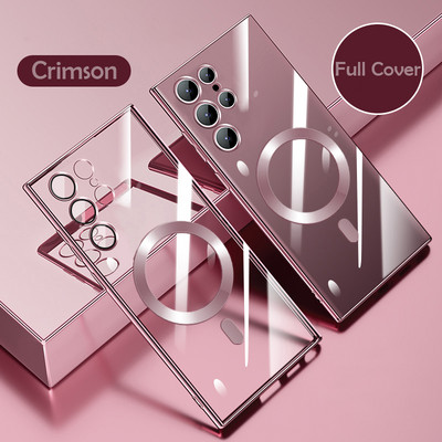 Põrutuskindel Magsafe'i magnetilise juhtmevaba laadimisümbrise jaoks Samsung S23 S22 Ultra S21 Plus läbipaistva läätseklaasi kate jaoks