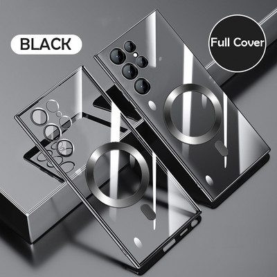 Põrutuskindel Magsafe'i magnetilise juhtmevaba laadimisümbrise jaoks Samsung S23 S22 Ultra S21 Plus läbipaistva läätseklaasi kate jaoks