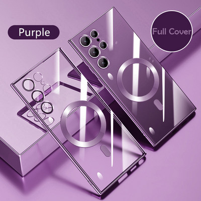 Põrutuskindel Magsafe'i magnetilise juhtmevaba laadimisümbrise jaoks Samsung S23 S22 Ultra S21 Plus läbipaistva läätseklaasi kate jaoks