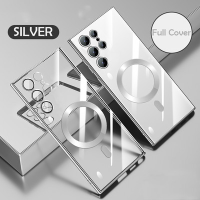 Põrutuskindel Magsafe'i magnetilise juhtmevaba laadimisümbrise jaoks Samsung S23 S22 Ultra S21 Plus läbipaistva läätseklaasi kate jaoks