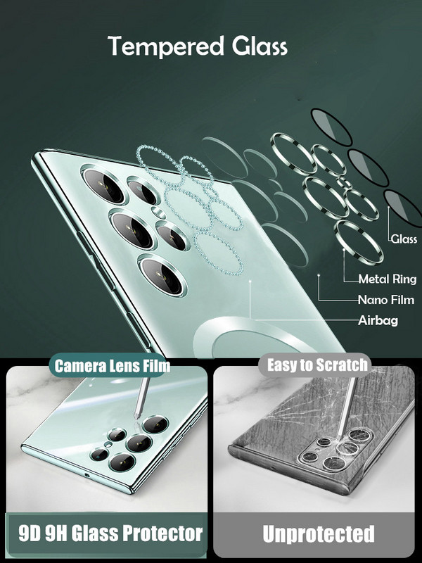 Põrutuskindel Magsafe'i magnetilise juhtmevaba laadimisümbrise jaoks Samsung S23 S22 Ultra S21 Plus läbipaistva läätseklaasi kate jaoks