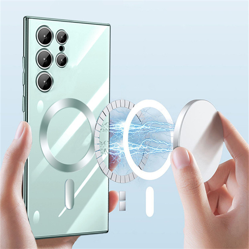 Põrutuskindel Magsafe'i magnetilise juhtmevaba laadimisümbrise jaoks Samsung S23 S22 Ultra S21 Plus läbipaistva läätseklaasi kate jaoks